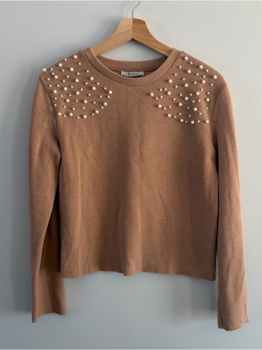 Zara Camel Brown Crewneck Sweater with Pearl Embellishments Size M